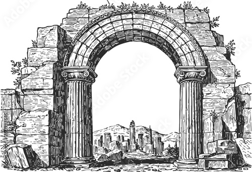Ancient roman stone arch ruins with fluted columns and classical details in historic landscape scene