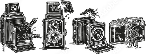 Creative broken vintage cameras illustration with exploding mechanical parts and dynamic effects