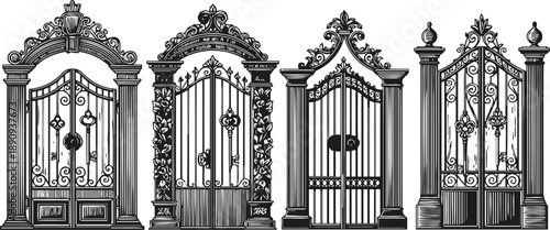 ornate wrought iron gates with decorative scrollwork and classical columns
