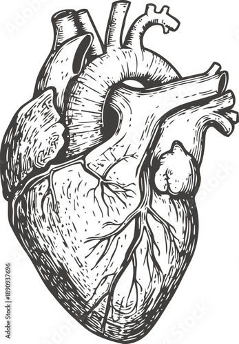 Detailed anatomical human heart illustration with visible arteries and veins, vintage medical drawing