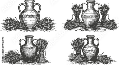 Vintage jars and wheat bundles hand drawn old ceramic pitchers with grain and ears of wheat