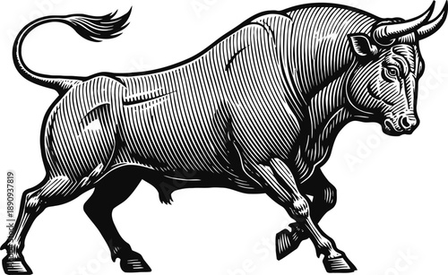 Powerful bull illustration aggressive cattle with horns, muscular body, and dynamic stance farm animal symbol of strength and determination
