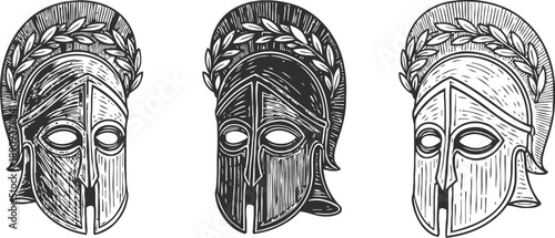 Ancient spartan helmets illustration set with laurel wreaths, vintage engraved style, warrior armor design