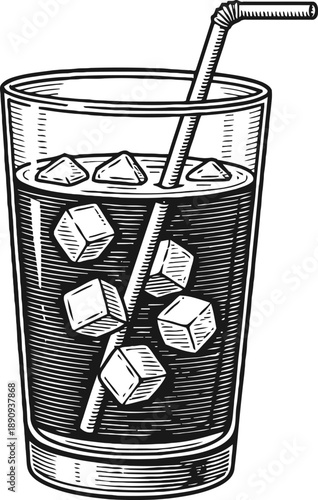 Iced drink in glass with straw and ice cubes refreshing cold beverage illustration