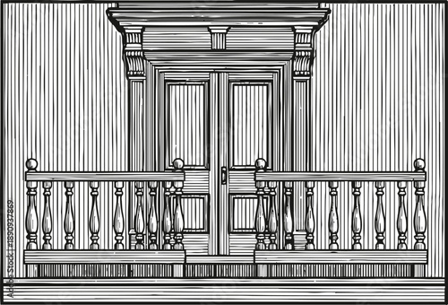 Classic wooden balcony with double doors and decorative railing in vintage architectural