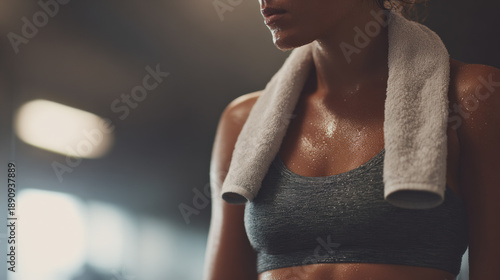 Workout sweat wellness gym female towel sportswear recovery, closeup of athlete torso resting after training