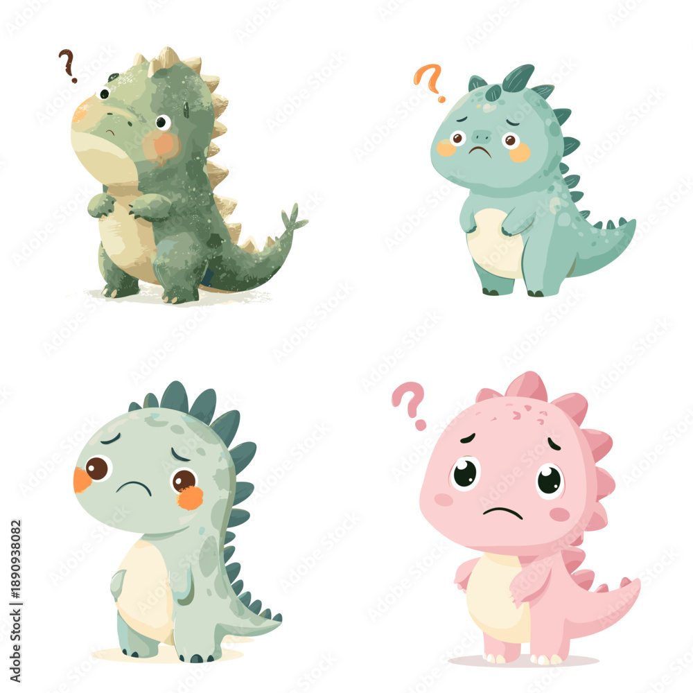 Fototapeta premium Cute baby dinosaur characters showing confused and sad emotions in soft pastel colors. Adorable cartoon illustration perfect for kids education emotions learning and nursery designs.