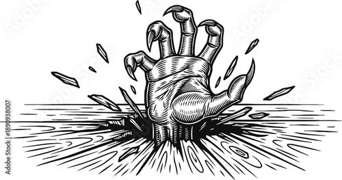 Creepy hand with sharp claws breaking through ground surface in horror concept illustration