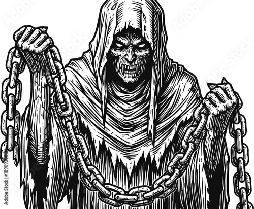 Grim reaper holding heavy chains, dark hooded skeleton figure illustration