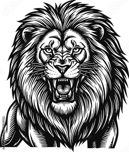 Lion roaring with detailed mane, fierce wild animal in black and white illustration