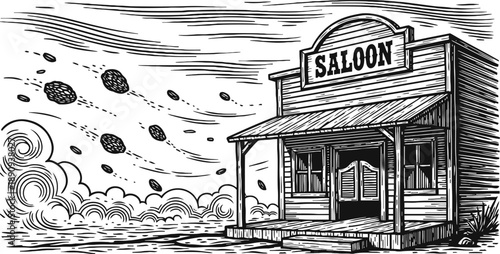 Old western saloon building with swinging doors and windy environment vintage line art