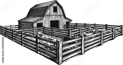 Rustic wooden barn with fenced livestock pen and sheep in rural farm setting