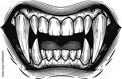 Open vampire mouth with sharp fangs and teeth horror monster creature biting illustration in black and white