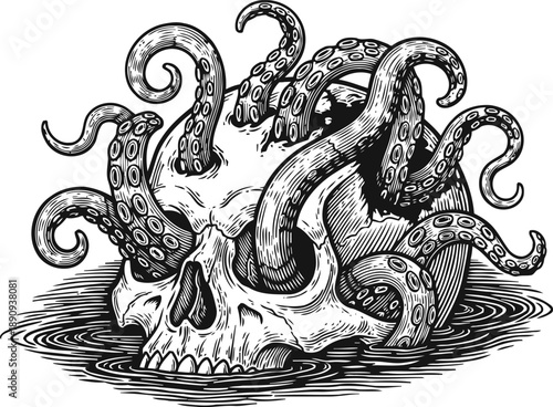 Skull with octopus tentacles emerging from eye sockets dark fantasy horror illustration, surreal sea creature concept