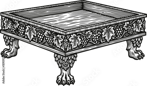 Ornate wooden table with grapevine carvings and claw feet, vintage decorative furniture