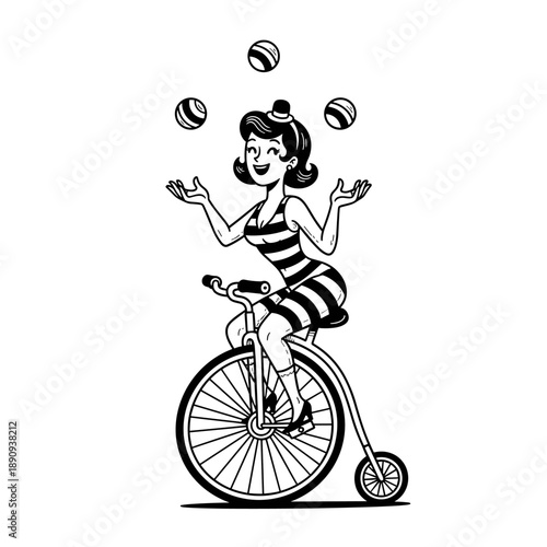 Vintage circus performer juggling on a penny-farthing bicycle.