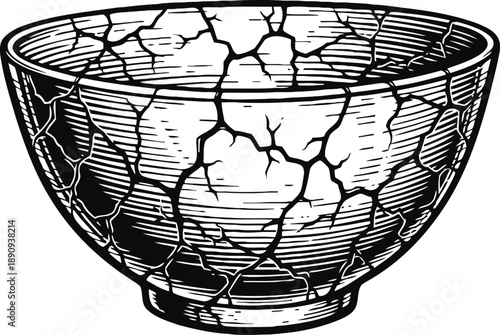 Cracked ceramic bowl illustration vintage cracked pottery design with intricate lines and patterns