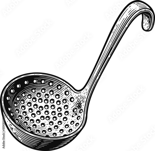 Vintage perforated ladle with long curved handle, kitchen utensil for straining and serving liquids