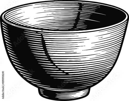 wooden bowl illustration with textured lines, vintage kitchenware, hand drawn container design