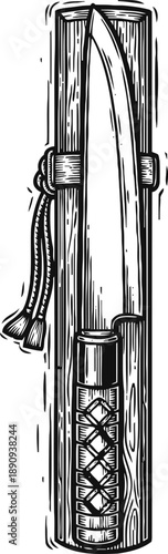 Traditional japanese tanto knife with sheath, detailed hand drawn black and white sketch