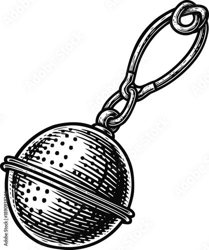 Vintage tea infuser ball with clip, hand drawn metal mesh strainer for brewing loose leaf tea