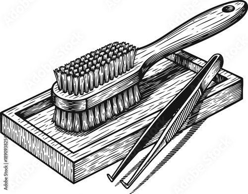 Vintage shoe care set with wooden brush, polishing pad, and metal shoehorn and tweezers tools