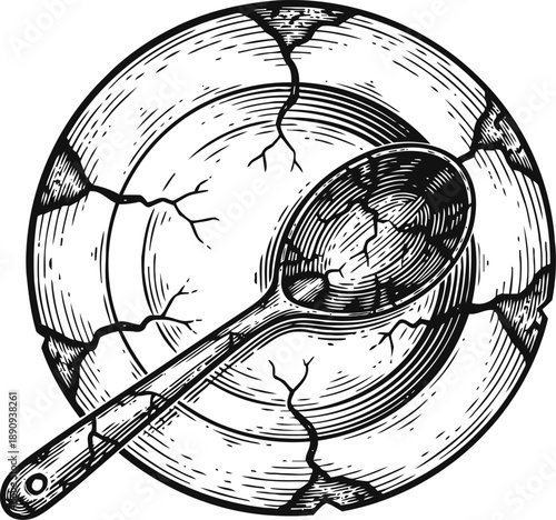 Broken ceramic plate with cracks and damaged wooden spoon on top, vintage engraved