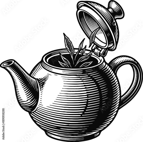 Vintage teapot with lifted lid and tea leaves inside illustration classic cookware for brewing tea