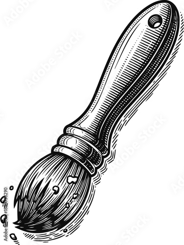 Detailed hand drawn paintbrush with bristle texture and wooden handle in vintage