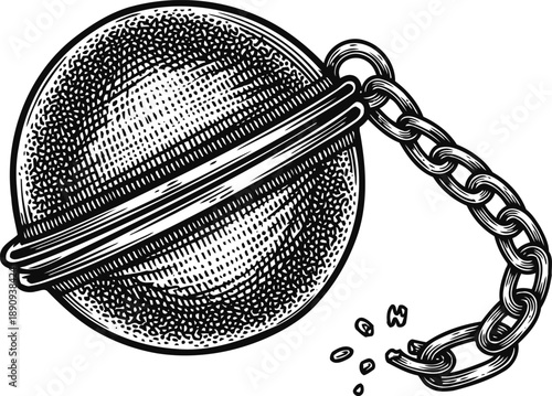 Antique iron ball and chain illustration vintage prisoner restraint device with heavy metal shackle and links