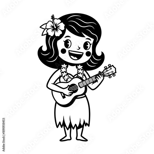 Cute Cartoon Girl Playing Ukulele with Flower Lei and Grass Skirt.