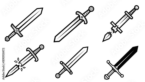 Collection of various hand-drawn sword illustrations in different styles and conditions.
