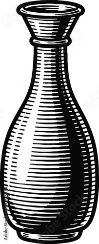 Vintage ceramic vase with ribbed texture, classic decorative container in black and white illustration