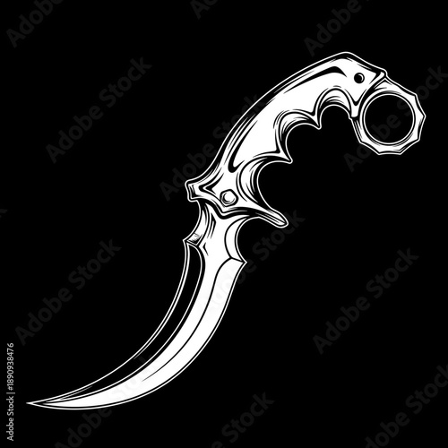 Intricate Karambit Knife Design with Curved Blade and Finger Ring.
