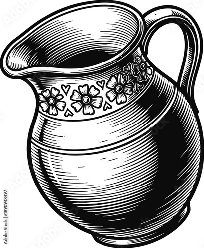 Vintage ceramic pitcher with floral decoration, classic kitchenware illustration
