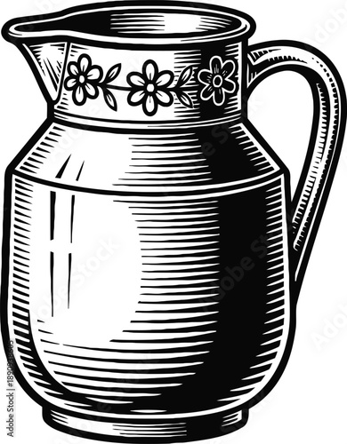 Vintage floral ceramic pitcher with handle and spout, classic kitchenware container for liquids