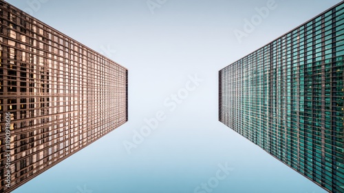 Dramatic upward view of twin glass skyscrapers.