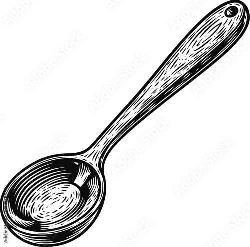 Wooden spoon hand drawn engraving kitchen utensil with long handle and deep bowl