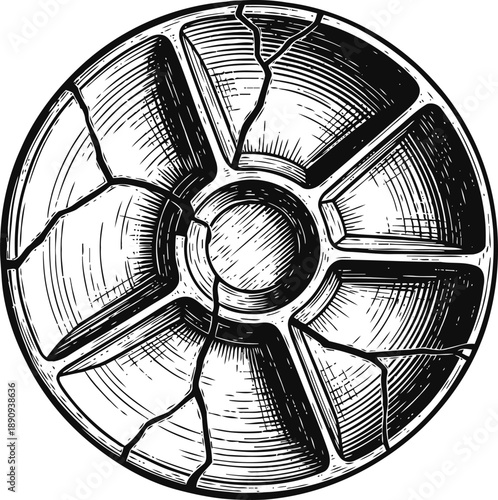 Cracked round ceramic plate top view broken dish illustration with detailed texture and cracks
