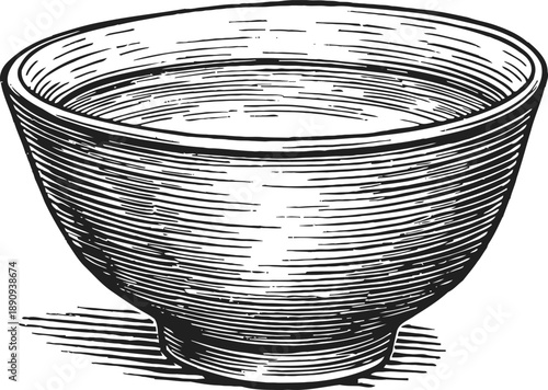 Woodcut vintage bowl illustration with detailed engraved texture and shading