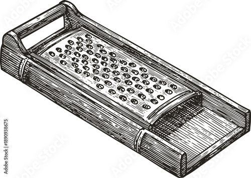 Vintage wooden grater with metal blades for kitchen use hand drawn cooking utensil illustration