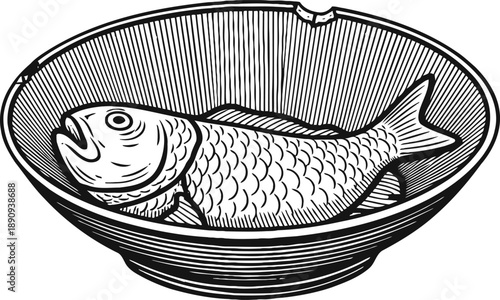 Whole fish on a round plate illustration detailed black and white seafood drawing with scales and fins