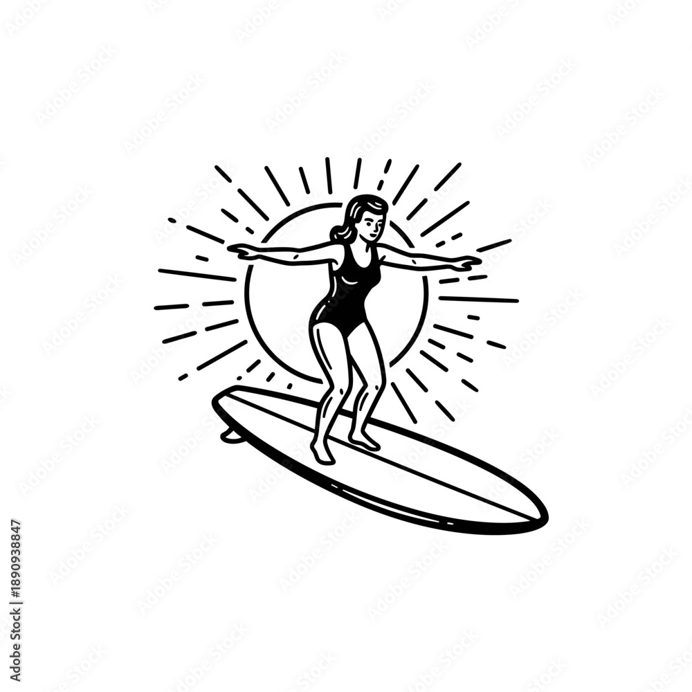 Fototapeta premium Vintage Surfer Girl Riding Wave with Sun Rays in Classic Black and White Illustration.