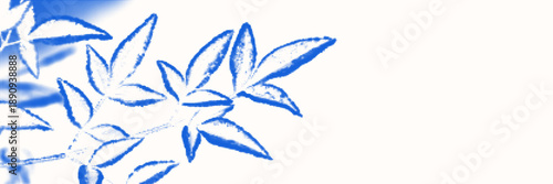 Twig with leaves cyanotype effect background. Trendy tactile, manual and analog creativity style. Cyan blue color nature silhouette. Vector halftone asset for retro, organic banner design.