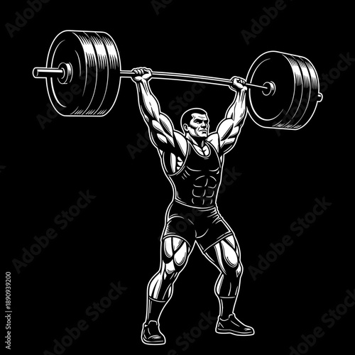 Strong male weightlifter performing an overhead press with a heavy barbell.