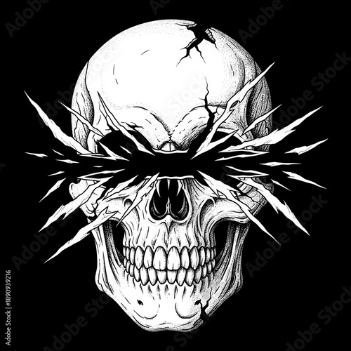 Intense skull illustration with shattered eye sockets on a dark background.