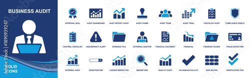 Business audit icon set. Containing approval seal, audit report, checklist, compliance, evidence file, fraud detection, risk matrix, verification tick and more. Solid fill icons collection