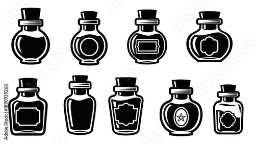 Collection of various vintage potion bottles with cork stoppers.