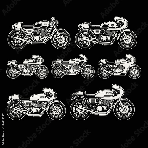 Collection of classic cafe racer motorcycles in various angles.