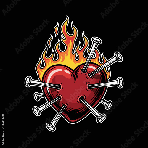 Flaming Heart with Nails Tattoo Style Illustration.